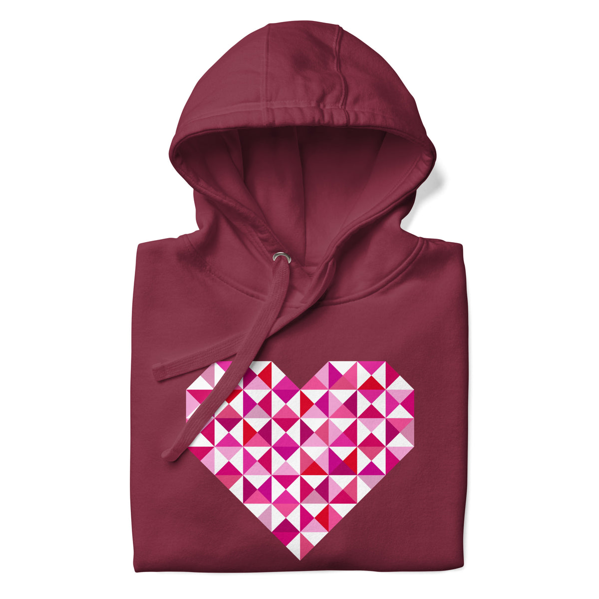 Big Patchwork Love heart pieced from pink half-square triangles on a pullover hoodie in maroon, folded close-up of the design – Kate Spain design for Pat Sloan