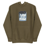 Law of the Paw® design with a cat napping on the logo on a pullover hoodie in military green, front view – Kate Spain design