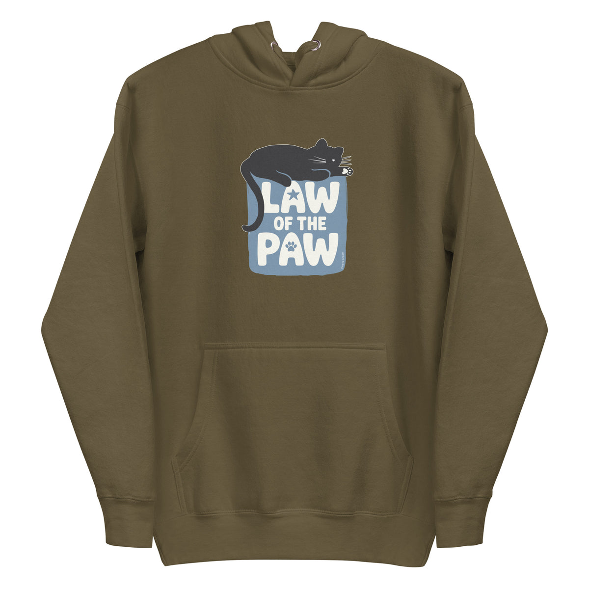 Law of the Paw® design with a cat napping on the logo on a pullover hoodie in military green, front view – Kate Spain design