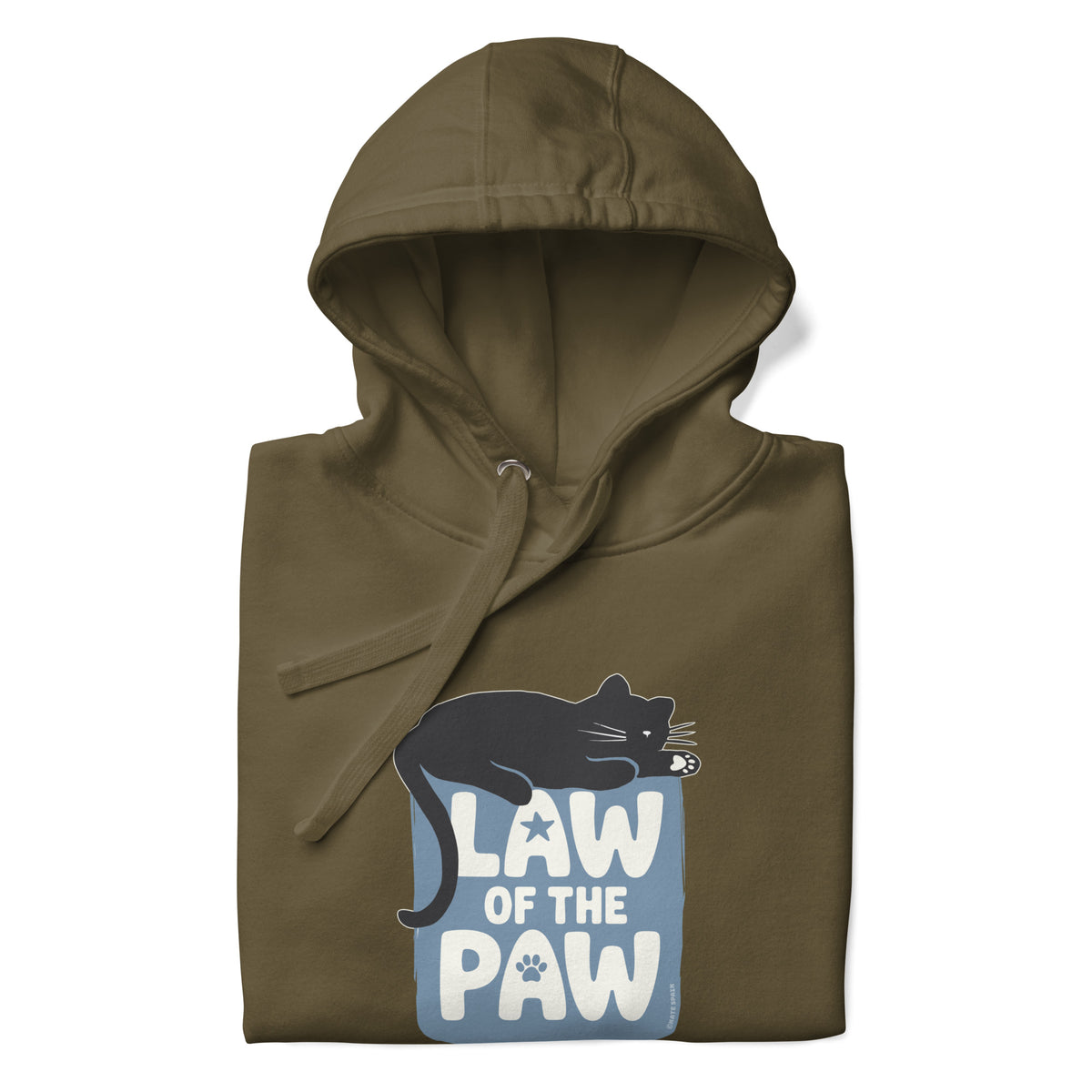 Law of the Paw® design with a cat napping on the logo on a pullover hoodie in military green, folded close-up of the design – Kate Spain design