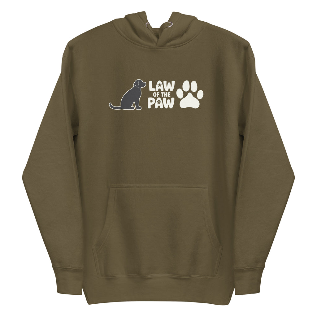 Law of the Paw® logo with seated dog and paw print on a pullover hoodie in military green, front view – Kate Spain design