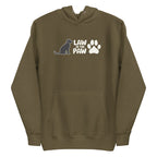 Law of the Paw® logo with seated dog and paw print on a pullover hoodie in military green, front view – Kate Spain design