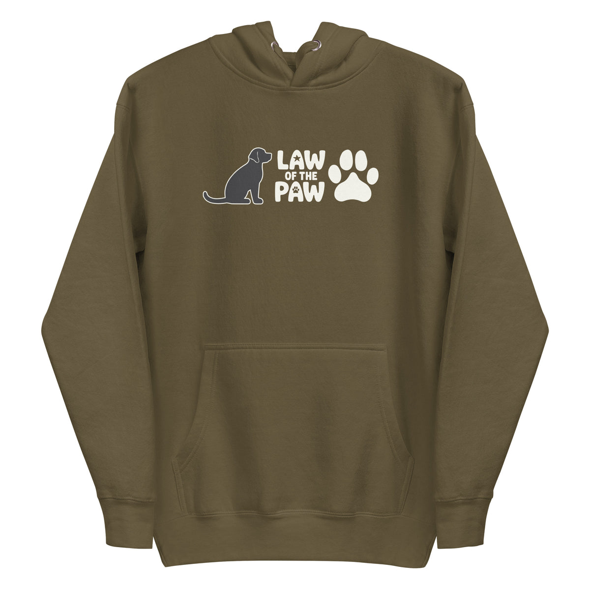 Law of the Paw® logo with seated dog and paw print on a pullover hoodie in military green, front view – Kate Spain design