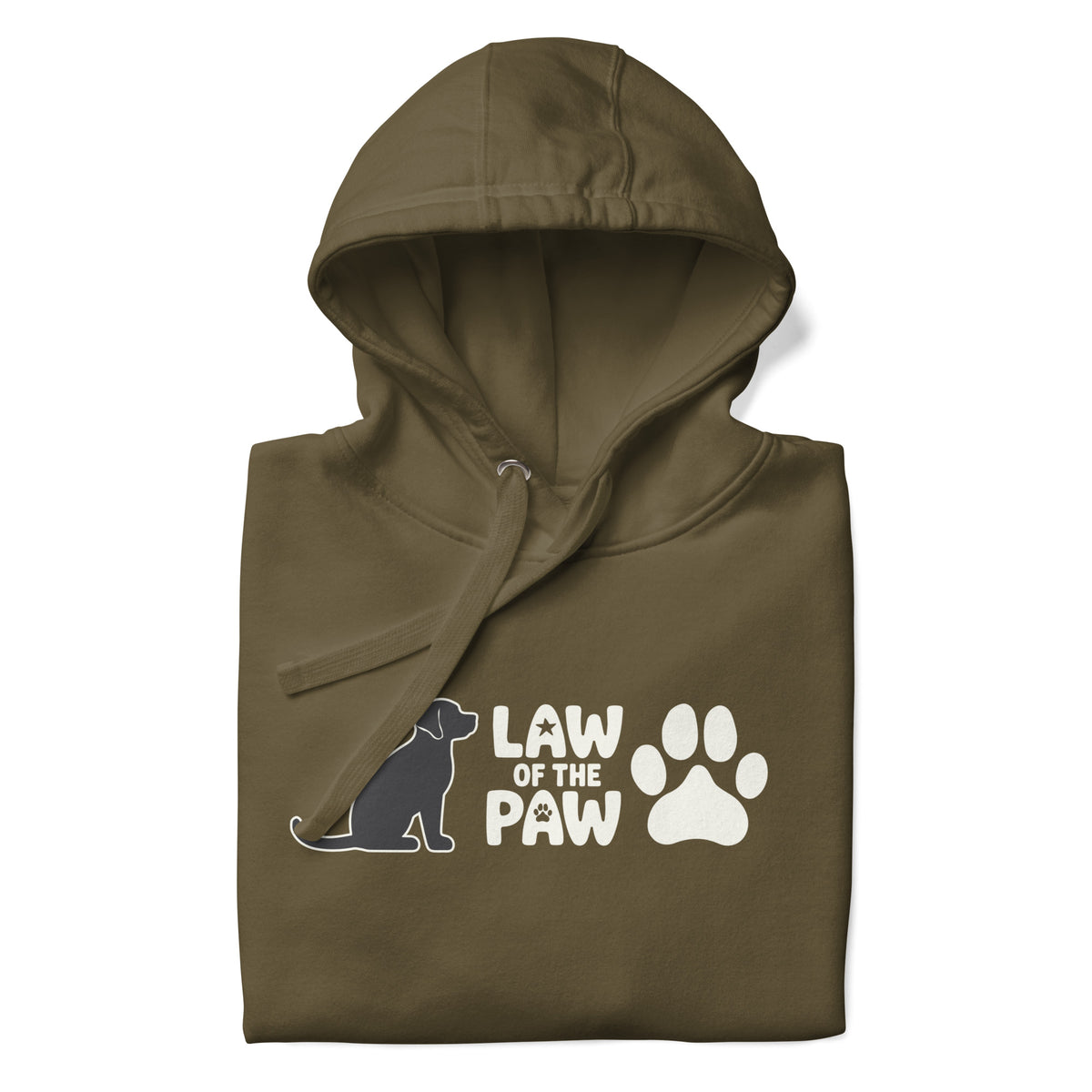 Law of the Paw® logo with seated dog and paw print on a pullover hoodie in military green, folded close-up of the design – Kate Spain design
