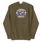 United We Quilt patchwork heart with quilt stars on a premium hoodie in military green, front view – Kate Spain design for Pat Sloan
