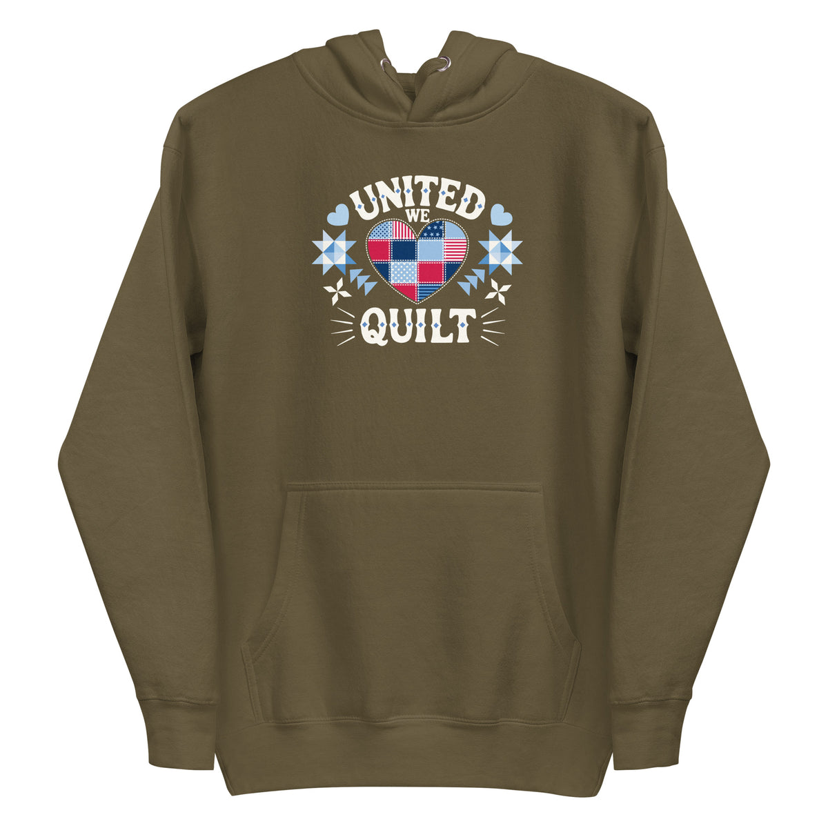 United We Quilt patchwork heart with quilt stars on a premium hoodie in military green, front view – Kate Spain design for Pat Sloan