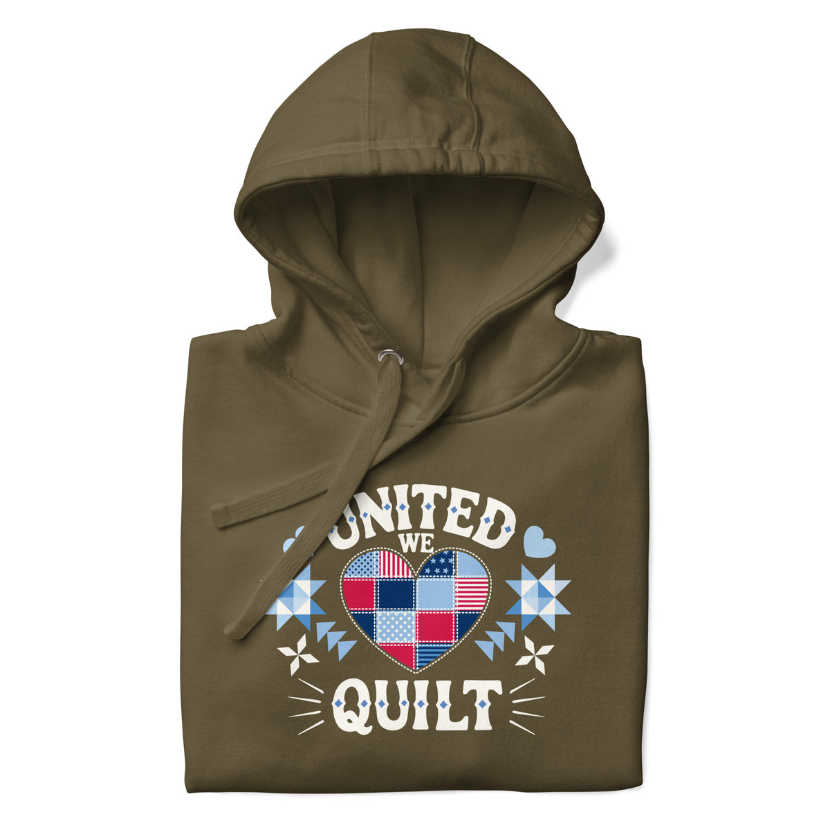 United We Quilt patchwork heart with quilt stars on a premium hoodie in military green, folded close-up of the design – Kate Spain design for Pat Sloan