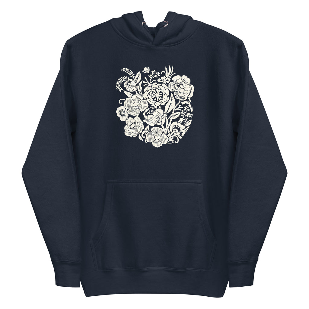 Meadowsweet woodblock-style bouquet of wildflowers on a pullover hoodie in navy, front view – Kate Spain design