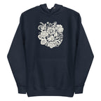 Meadowsweet woodblock-style bouquet of wildflowers on a pullover hoodie in navy, front view – Kate Spain design