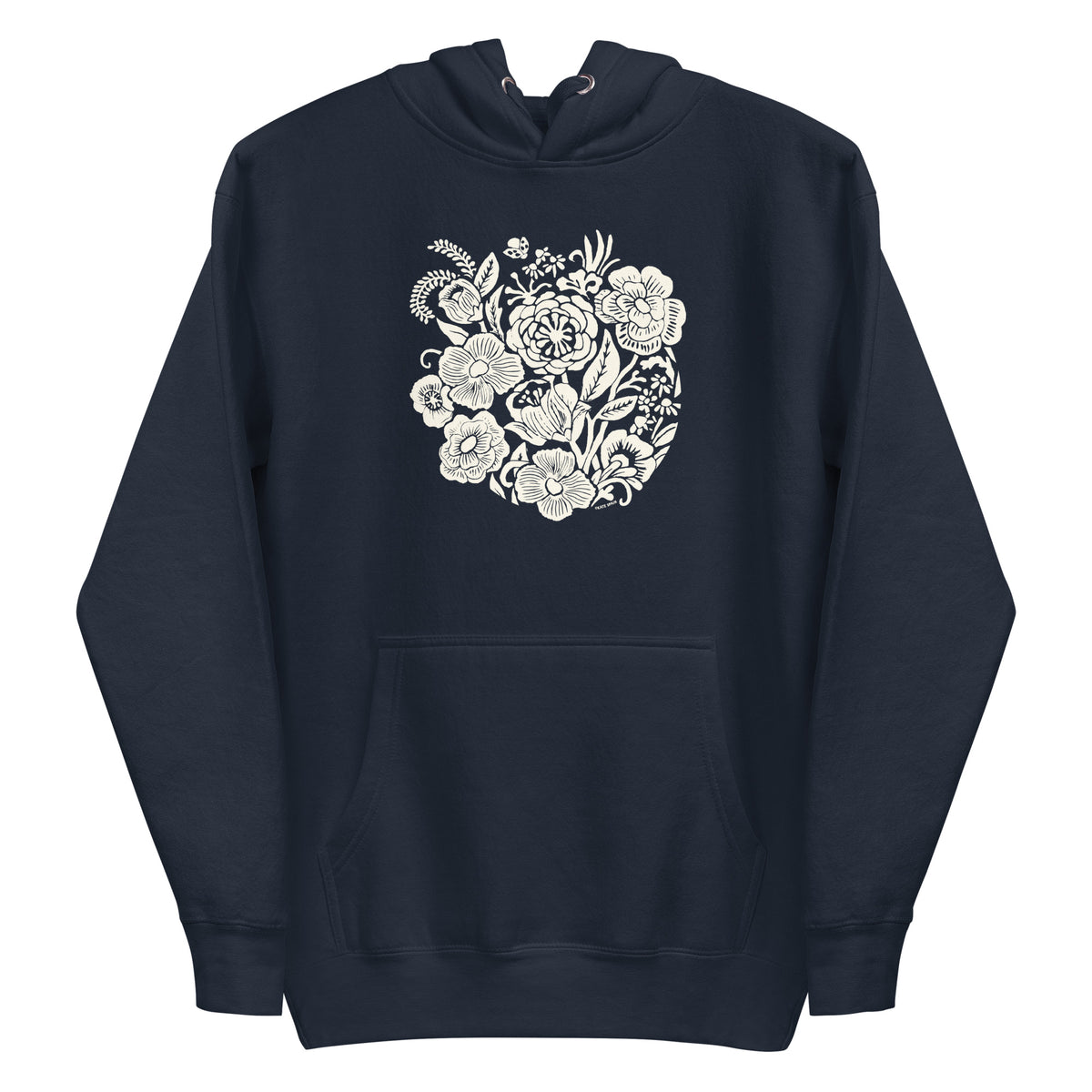 Meadowsweet woodblock-style bouquet of wildflowers on a pullover hoodie in navy, front view – Kate Spain design