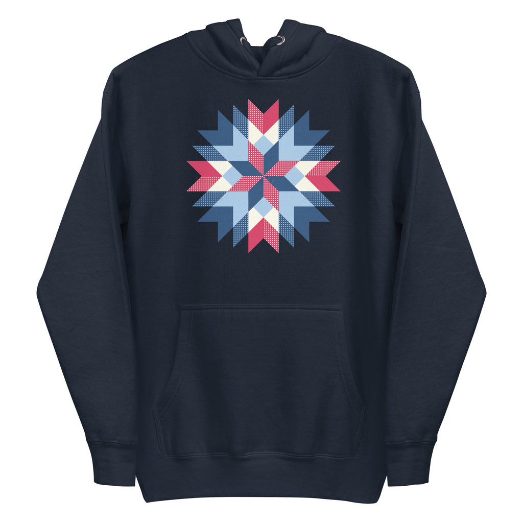 Barn Star quilt block in red, white and blue on a pullover hoodie in navy, front view – Kate Spain design for Pat Sloan