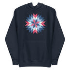 Barn Star quilt block in red, white and blue on a pullover hoodie in navy, front view – Kate Spain design for Pat Sloan