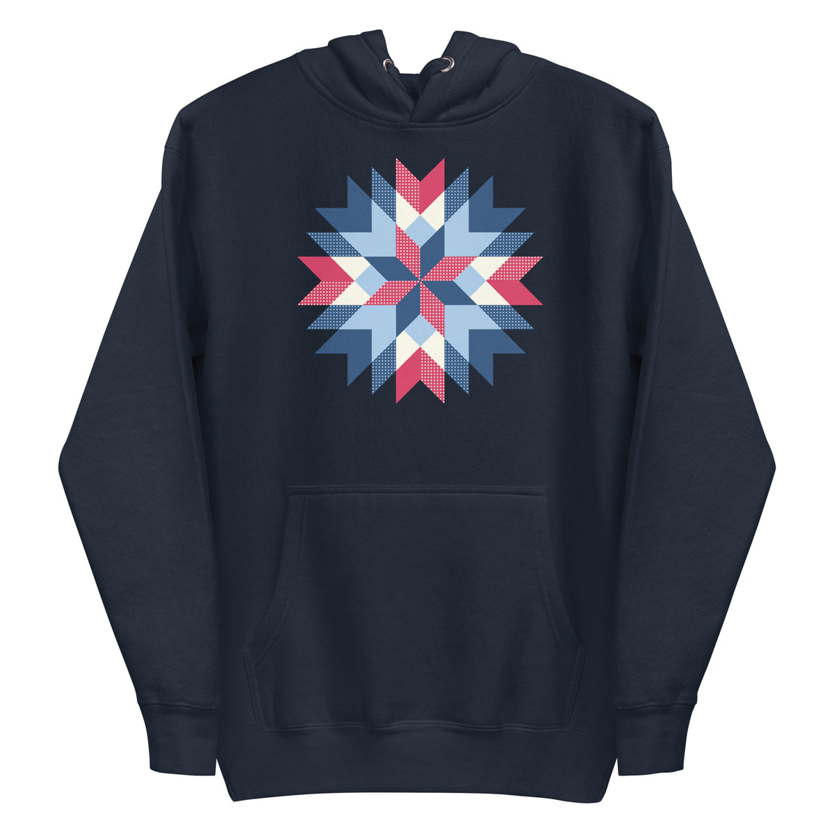 Barn Star quilt block in red, white and blue on a pullover hoodie in navy, front view – Kate Spain design for Pat Sloan