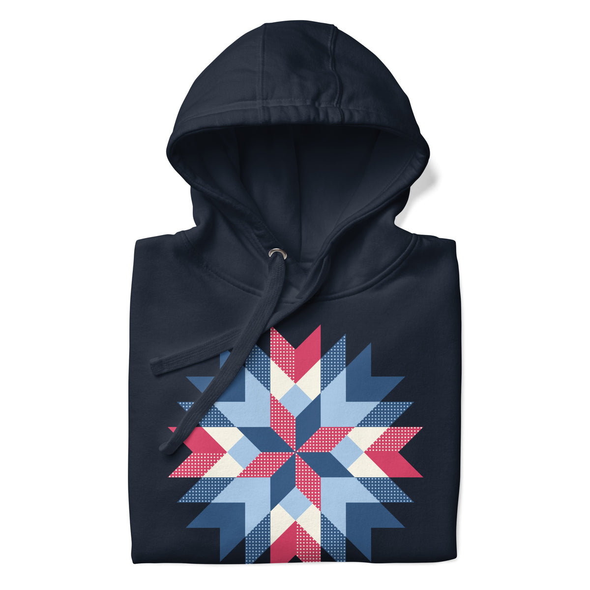Barn Star quilt block in red, white and blue on a pullover hoodie in navy, folded close-up of the design – Kate Spain design for Pat Sloan