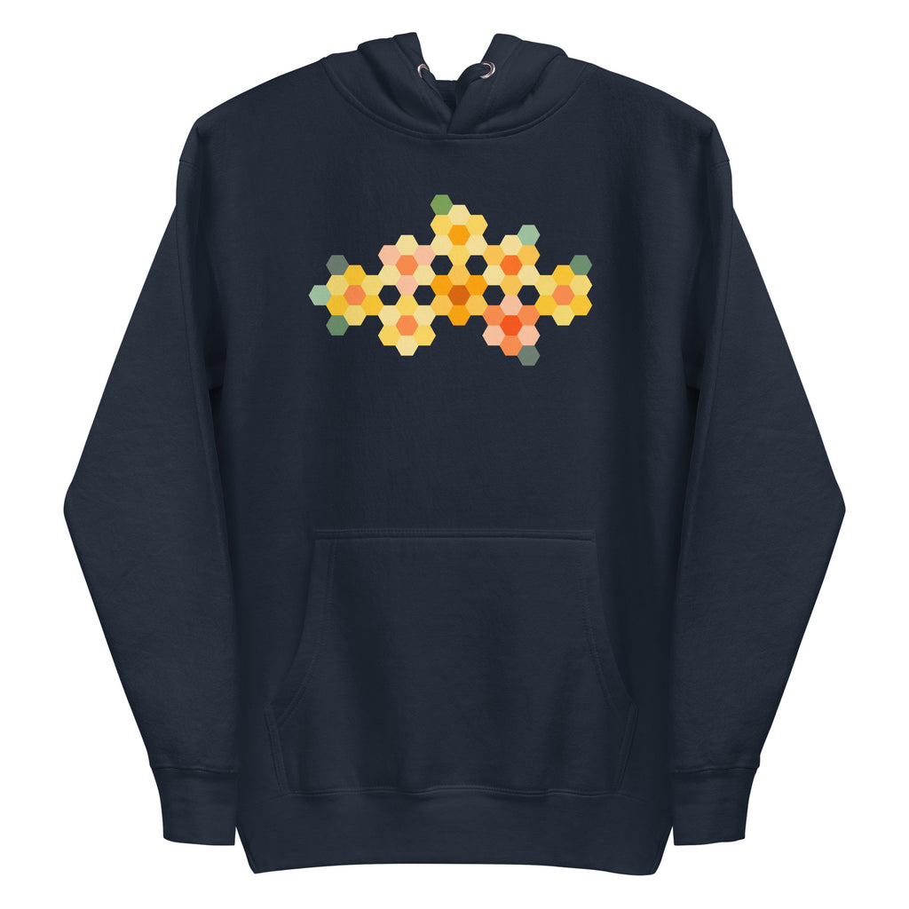 Yellow GeoFlora hexagon flowers in golden yellow, orange, coral and sage on a pullover hoodie in navy, front view – Kate Spain design for Pat Sloan