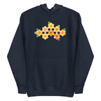 Yellow GeoFlora hexagon flowers in golden yellow, orange, coral and sage on a pullover hoodie in navy, front view – Kate Spain design for Pat Sloan