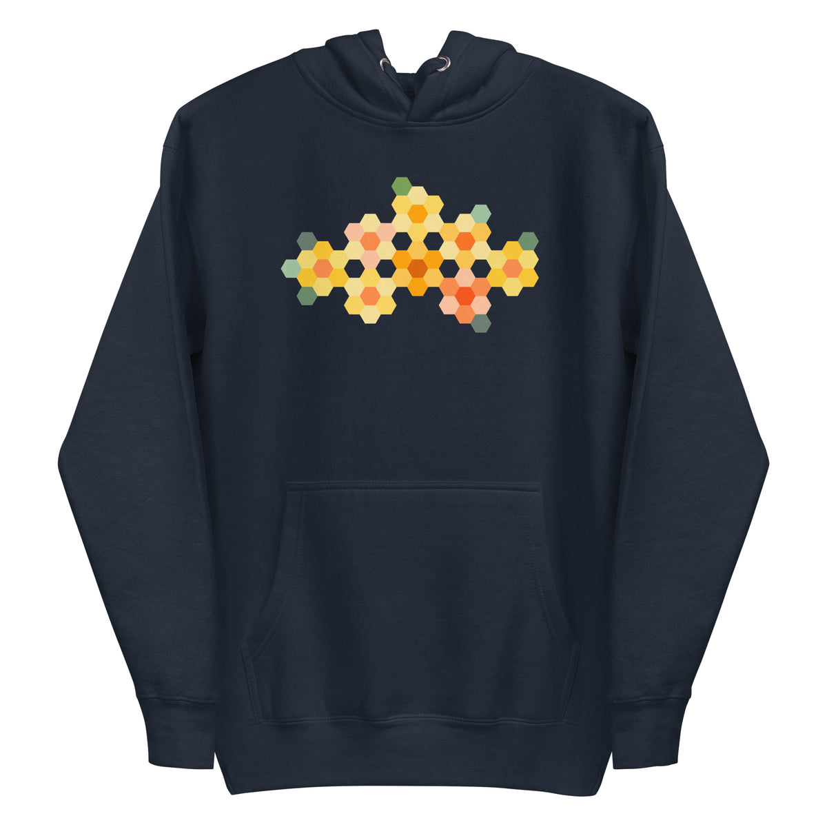 Yellow GeoFlora hexagon flowers in golden yellow, orange, coral and sage on a pullover hoodie in navy, front view – Kate Spain design for Pat Sloan