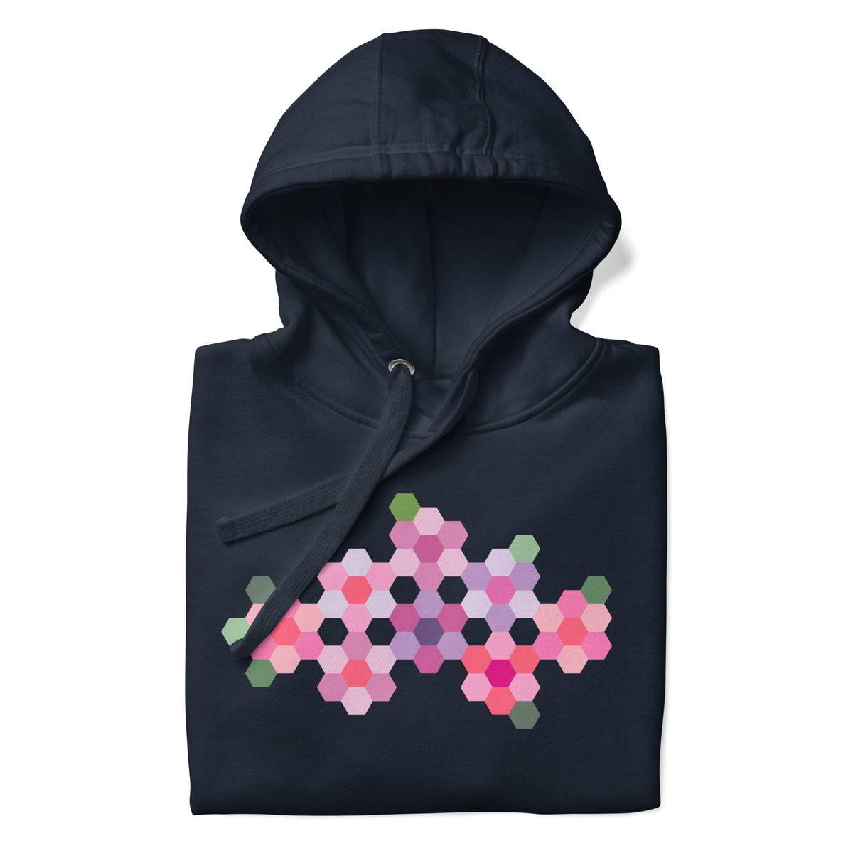 Pink GeoFlora hexagon flowers in pinks, mauves and sage on a pullover hoodie in navy, folded close-up of the design – Kate Spain design for Pat Sloan