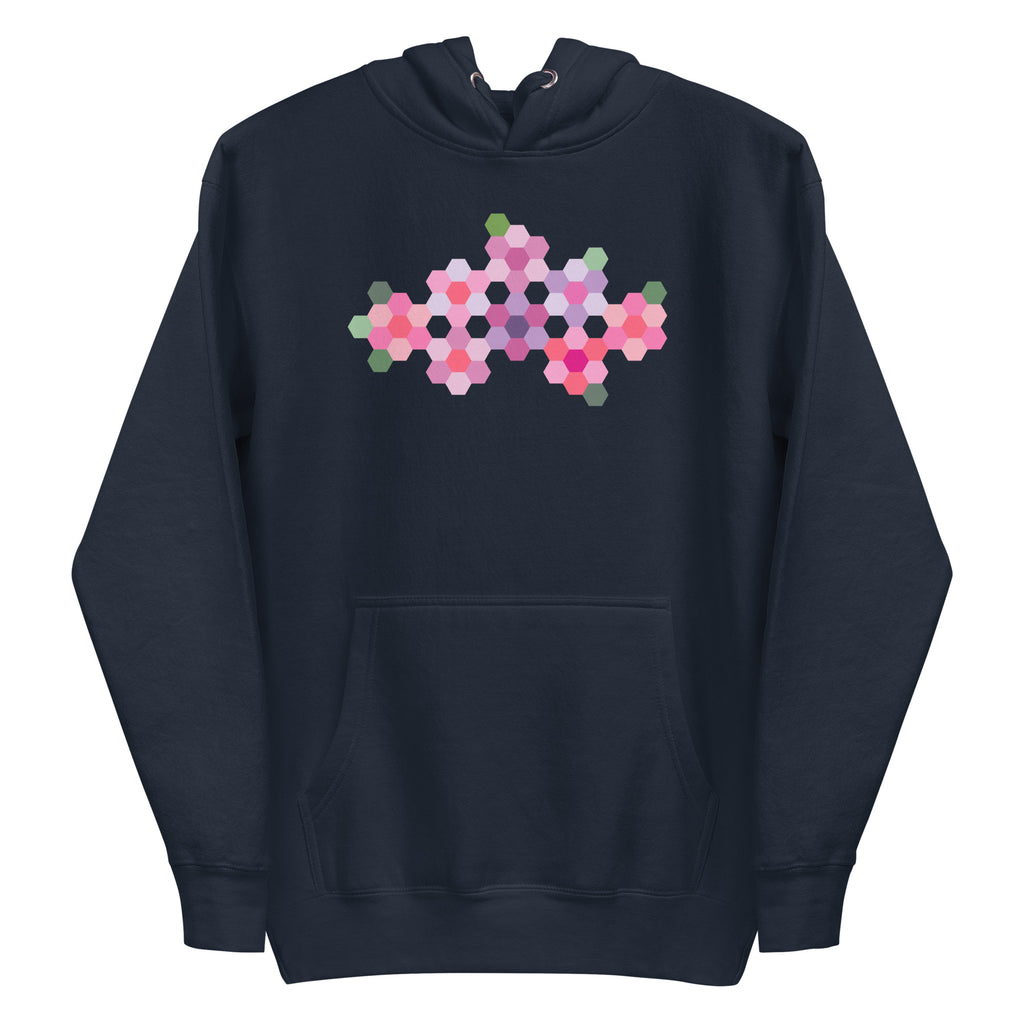 Pink GeoFlora hexagon flowers in pinks, mauves and sage on a pullover hoodie in navy, front view – Kate Spain design for Pat Sloan