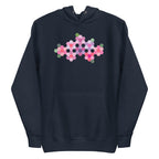 Pink GeoFlora hexagon flowers in pinks, mauves and sage on a pullover hoodie in navy, front view – Kate Spain design for Pat Sloan