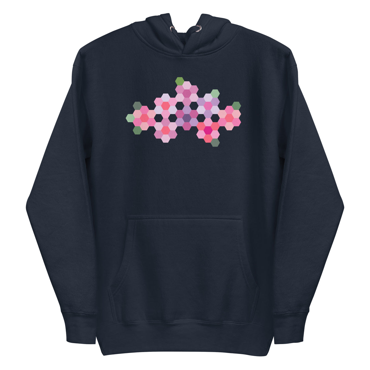 Pink GeoFlora hexagon flowers in pinks, mauves and sage on a pullover hoodie in navy, front view – Kate Spain design for Pat Sloan