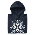 Let It Snow snowflake quilt block on a pullover hoodie in navy, folded close-up of the design – Kate Spain design for Pat Sloan