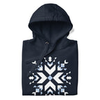 Let It Snow snowflake quilt block on a pullover hoodie in navy, folded close-up of the design – Kate Spain design for Pat Sloan