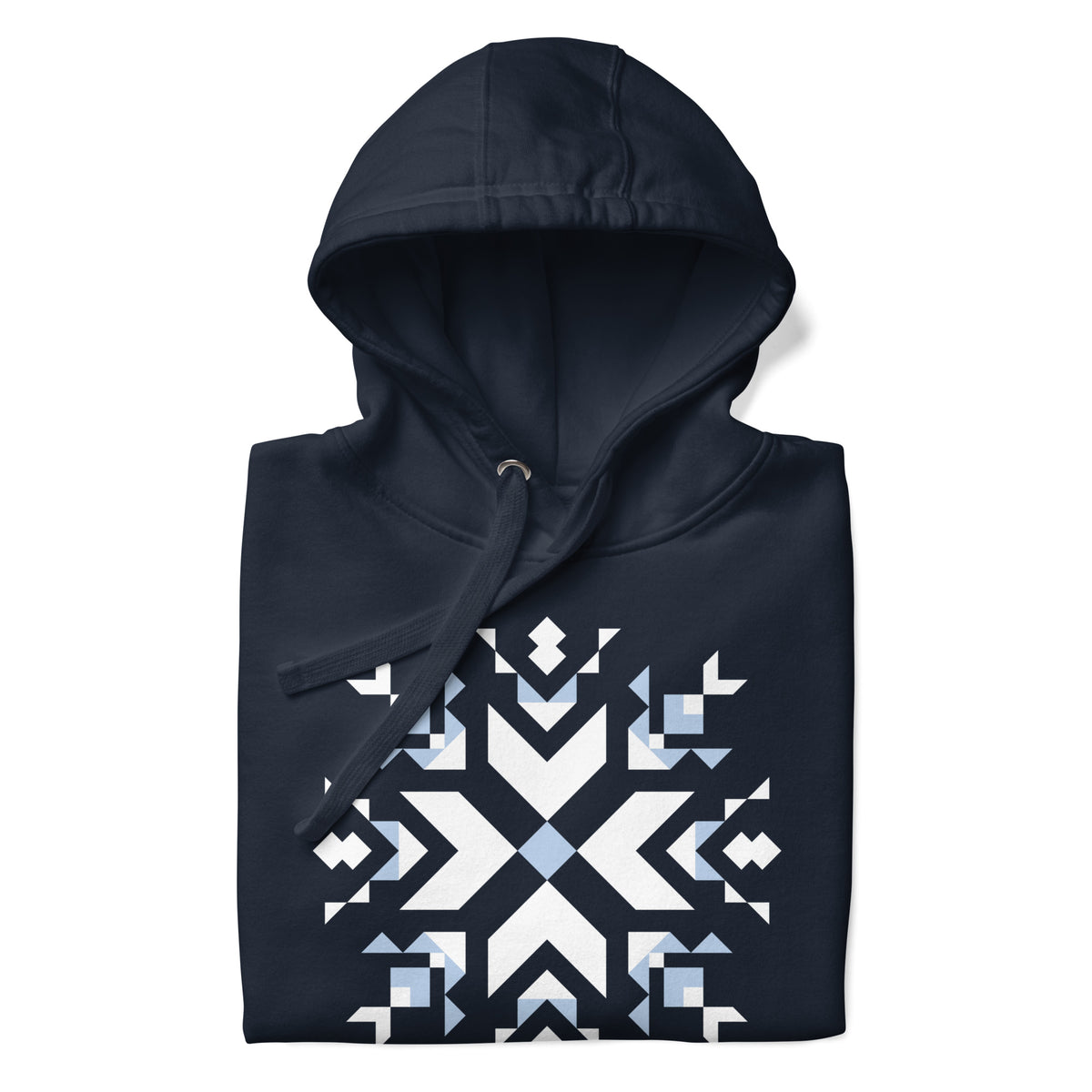 Let It Snow snowflake quilt block on a pullover hoodie in navy, folded close-up of the design – Kate Spain design for Pat Sloan