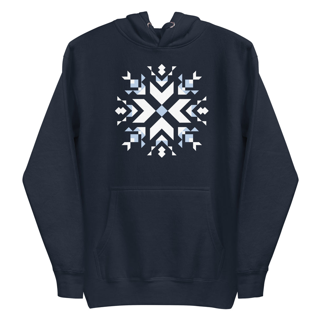Let It Snow snowflake quilt block on a pullover hoodie in navy, front view – Kate Spain design for Pat Sloan