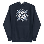 Let It Snow snowflake quilt block on a pullover hoodie in navy, front view – Kate Spain design for Pat Sloan