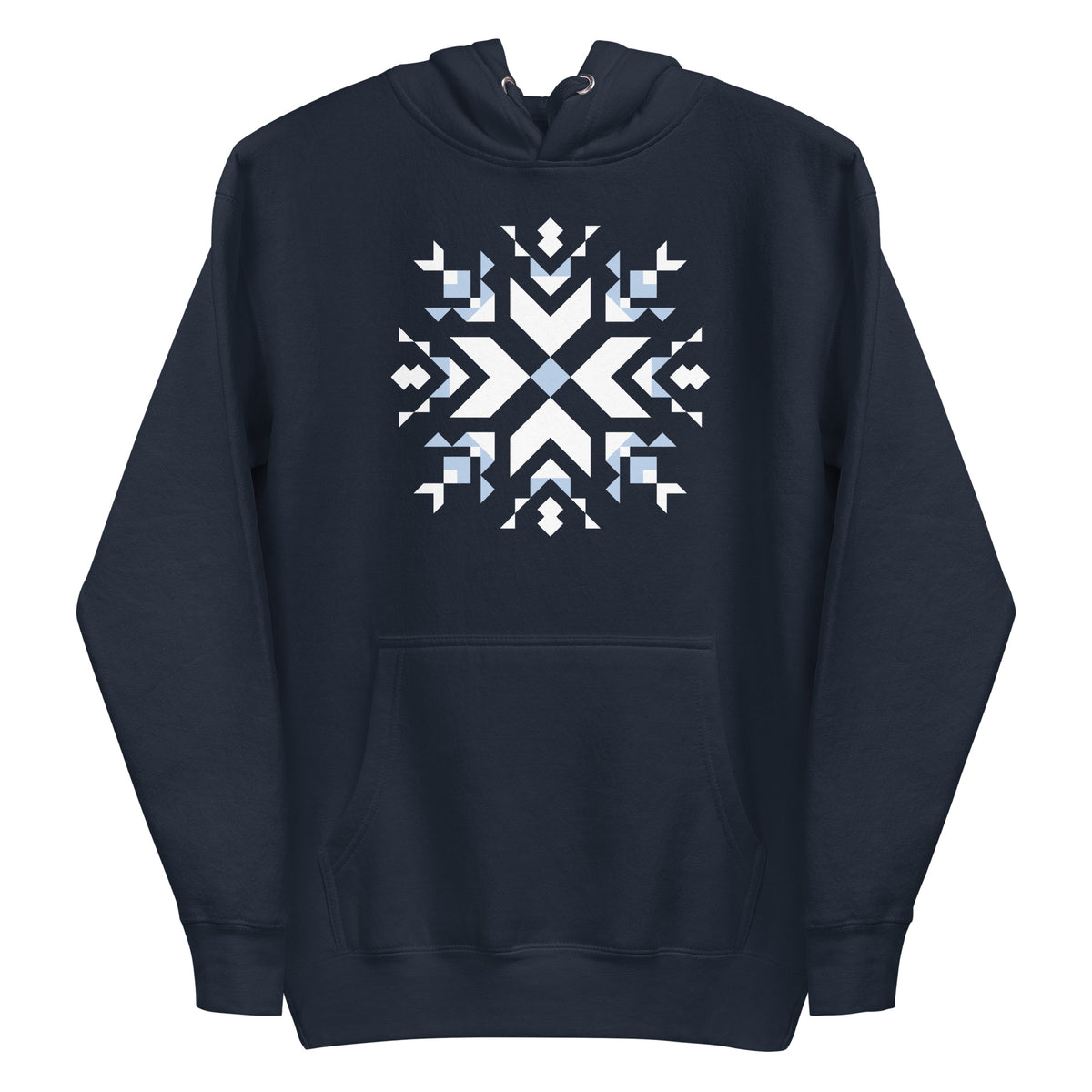 Let It Snow snowflake quilt block on a pullover hoodie in navy, front view – Kate Spain design for Pat Sloan