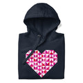 Big Patchwork Love heart pieced from pink half-square triangles on a pullover hoodie in heather navy, folded close-up of the design – Kate Spain design for Pat Sloan