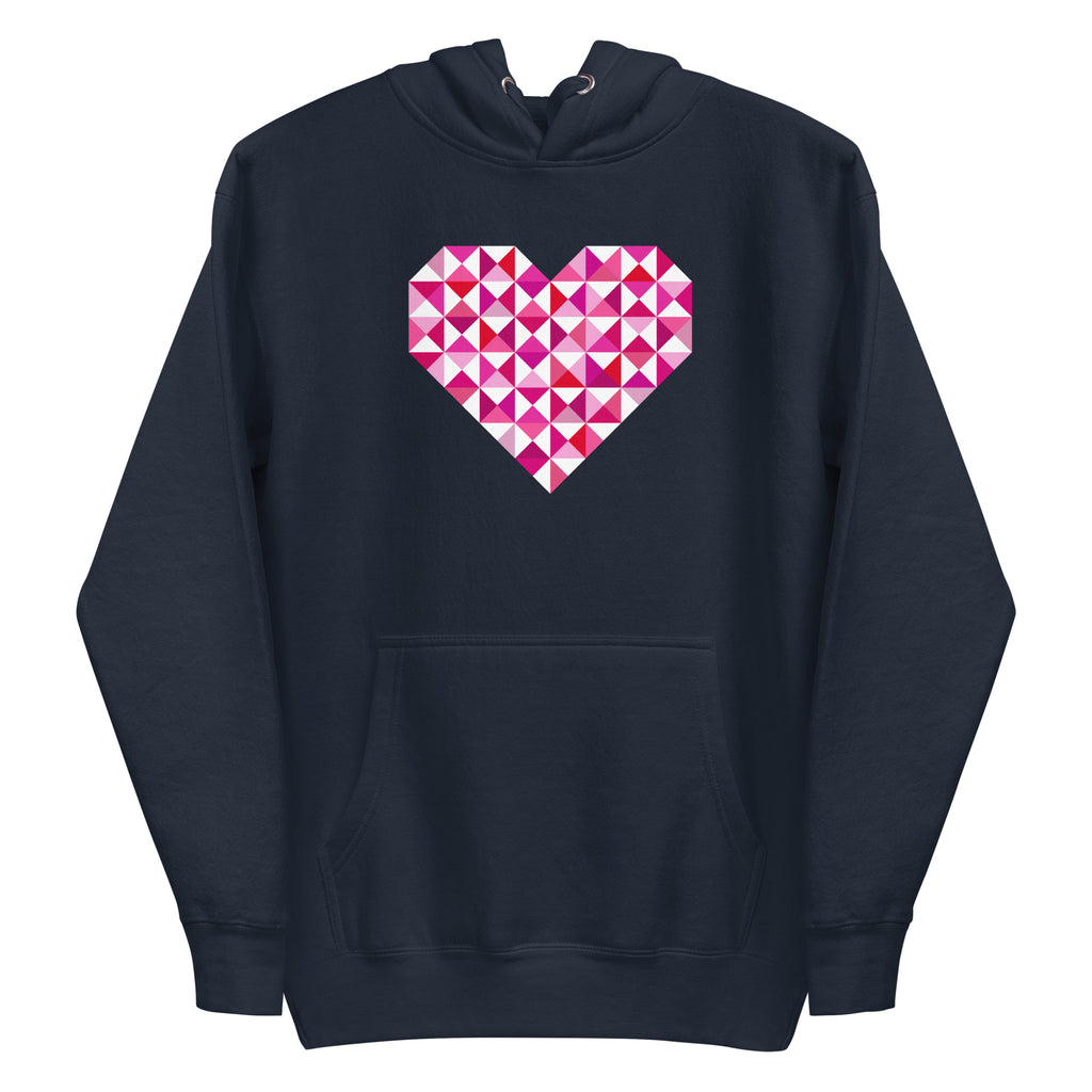 Big Patchwork Love heart pieced from pink half-square triangles on a pullover hoodie in heather navy, front view – Kate Spain design for Pat Sloan