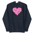 Big Patchwork Love heart pieced from pink half-square triangles on a pullover hoodie in heather navy, front view – Kate Spain design for Pat Sloan
