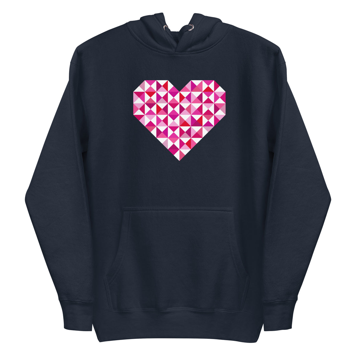 Big Patchwork Love heart pieced from pink half-square triangles on a pullover hoodie in heather navy, front view – Kate Spain design for Pat Sloan