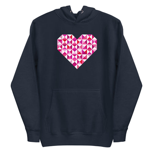 Big Patchwork Love heart pieced from pink half-square triangles on a pullover hoodie in heather navy, front view – Kate Spain design for Pat Sloan