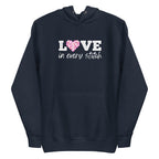 Love in Every Stitch distressed lettering on a pullover hoodie in navy, front view – Kate Spain design for Pat Sloan