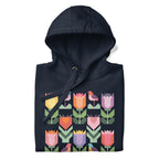 Birds + Blooms patchwork tulips and birds on a pullover hoodie in navy, folded close-up of the design – Kate Spain design for Pat Sloan