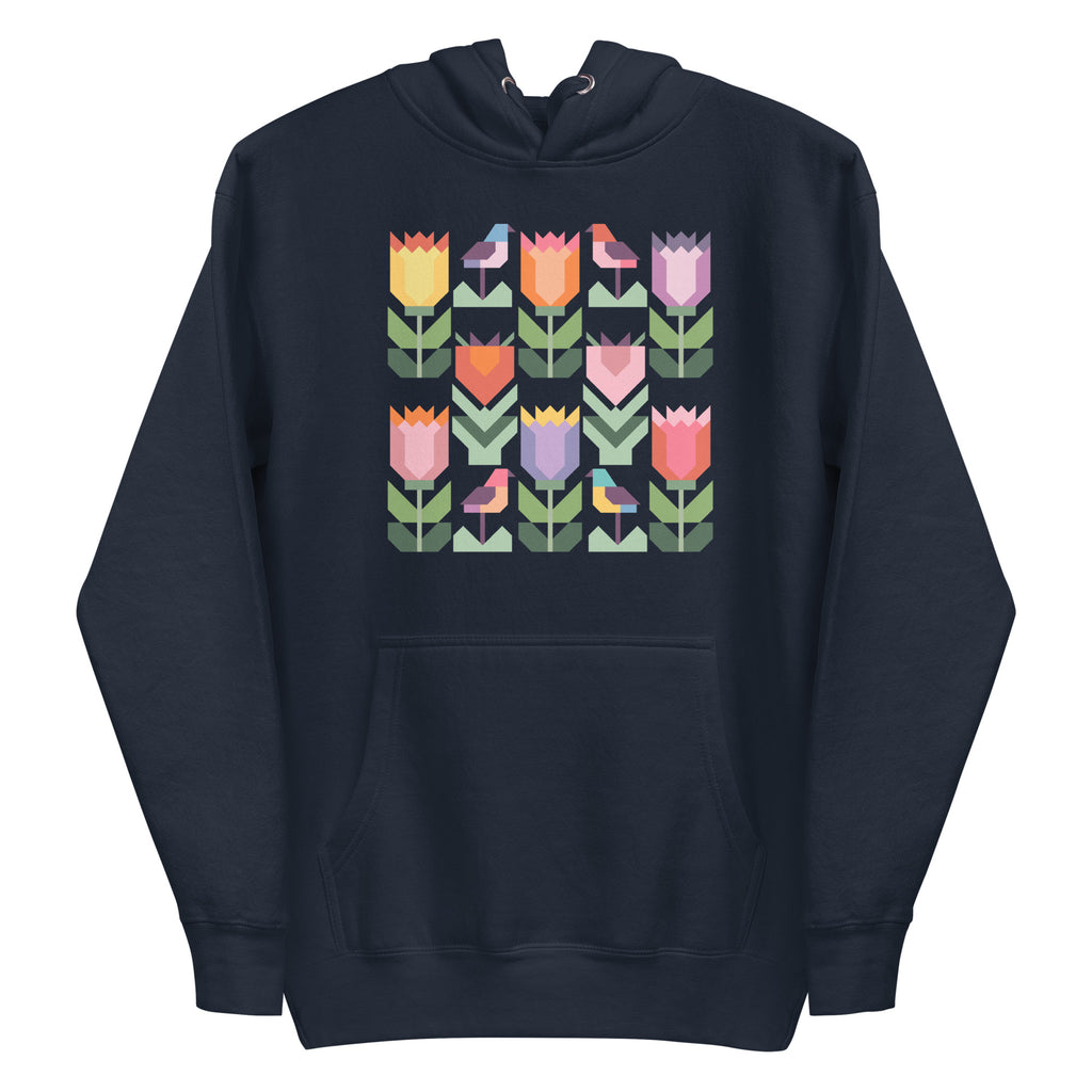 Birds + Blooms patchwork tulips and birds on a pullover hoodie in navy, front view – Kate Spain design for Pat Sloan