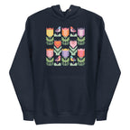 Birds + Blooms patchwork tulips and birds on a pullover hoodie in navy, front view – Kate Spain design for Pat Sloan