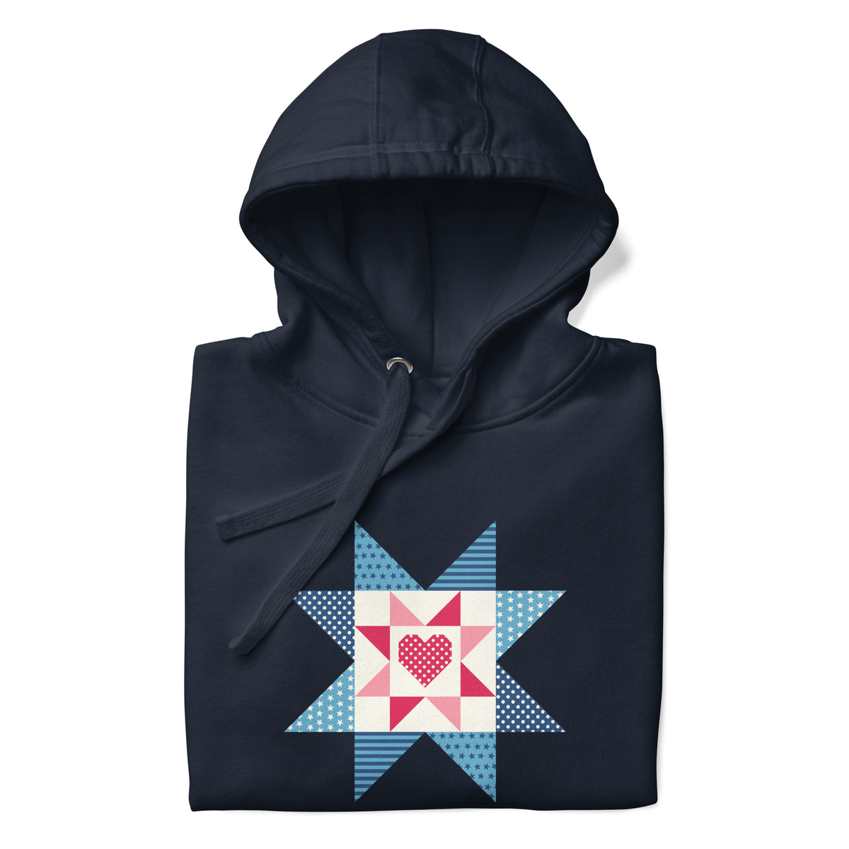 Liberty Love star quilt block with a heart in red, white and blue on a pullover hoodie in navy, folded close-up of the design – Kate Spain design for Pat Sloan