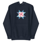 Liberty Love star quilt block with a heart in red, white and blue on a pullover hoodie in navy, front view – Kate Spain design for Pat Sloan