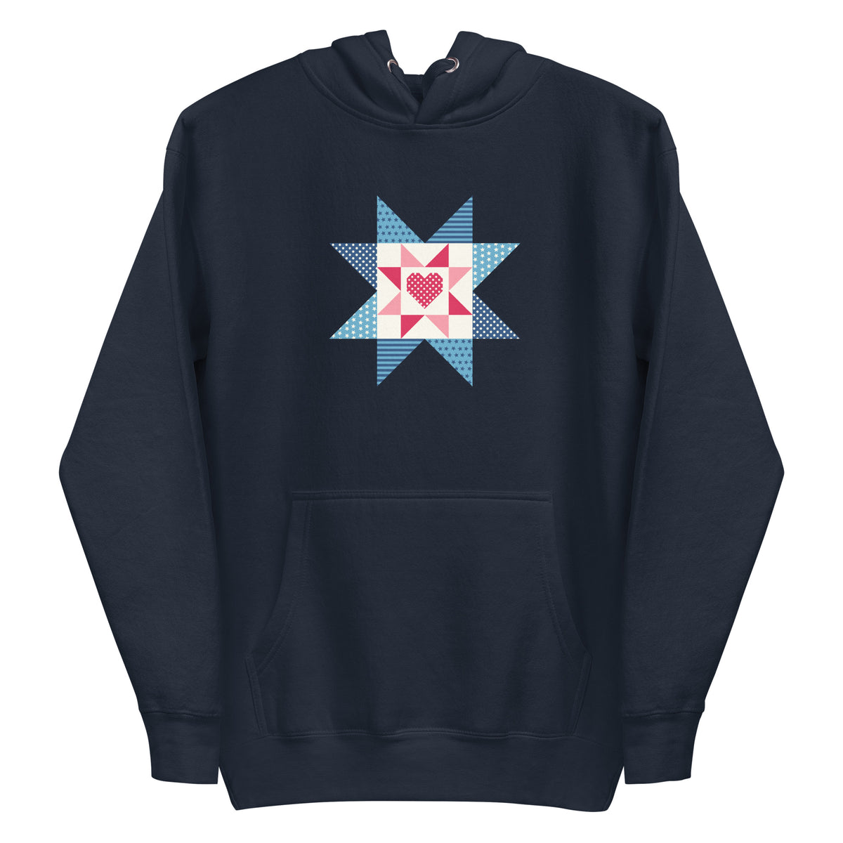 Liberty Love star quilt block with a heart in red, white and blue on a pullover hoodie in navy, front view – Kate Spain design for Pat Sloan