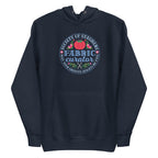Fabric Curator Society of Stashers badge with a tomato pincushion on a pullover hoodie in navy, front view – Kate Spain design for Pat Sloan