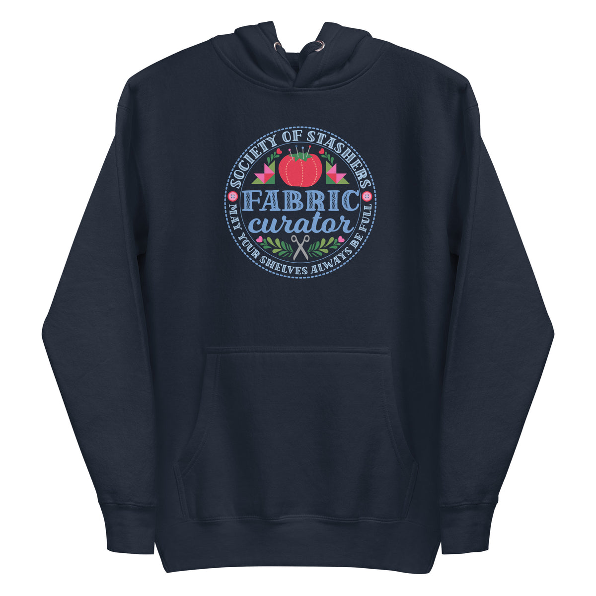 Fabric Curator Society of Stashers badge with a tomato pincushion on a pullover hoodie in navy, front view – Kate Spain design for Pat Sloan