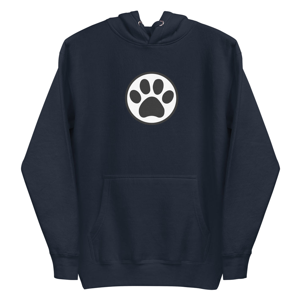 Law of the Paw® cat paw print on a pullover hoodie in navy, front view – Kate Spain design
