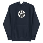 Law of the Paw® cat paw print on a pullover hoodie in navy, front view – Kate Spain design