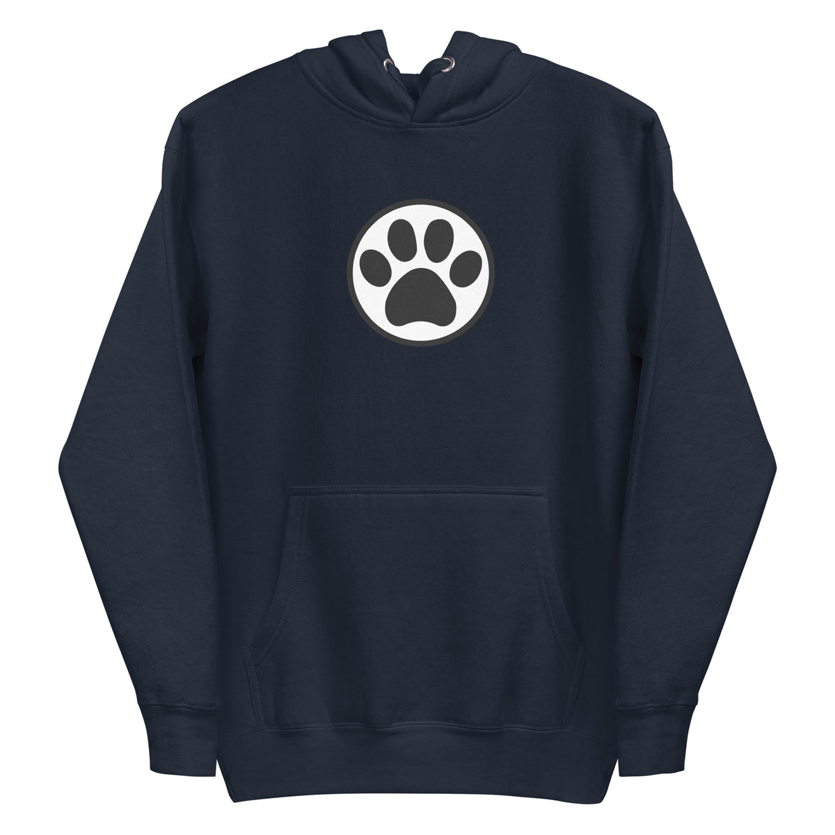 Law of the Paw® cat paw print on a pullover hoodie in navy, front view – Kate Spain design