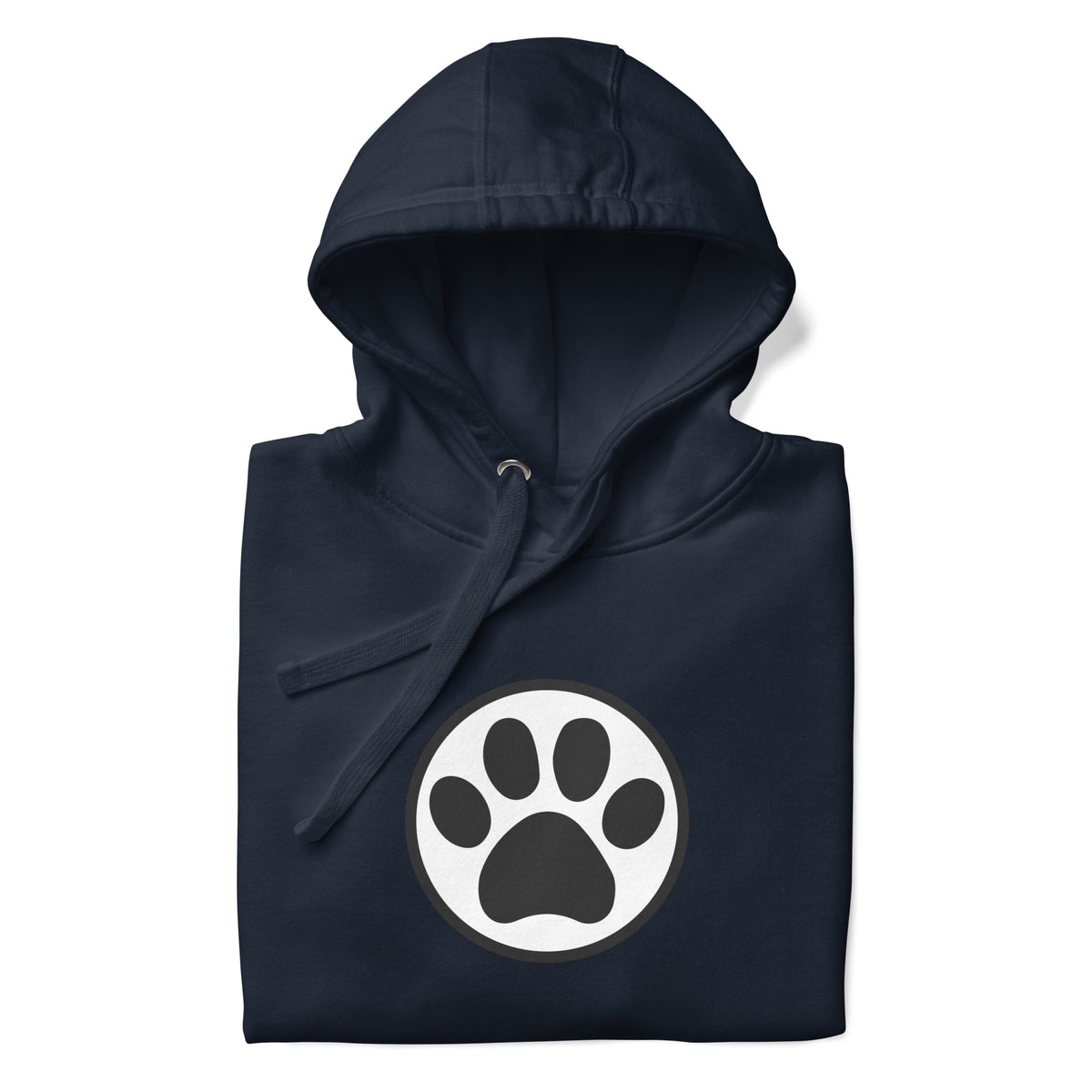 Law of the Paw® cat paw print on a pullover hoodie in navy, folded close-up of the design – Kate Spain design