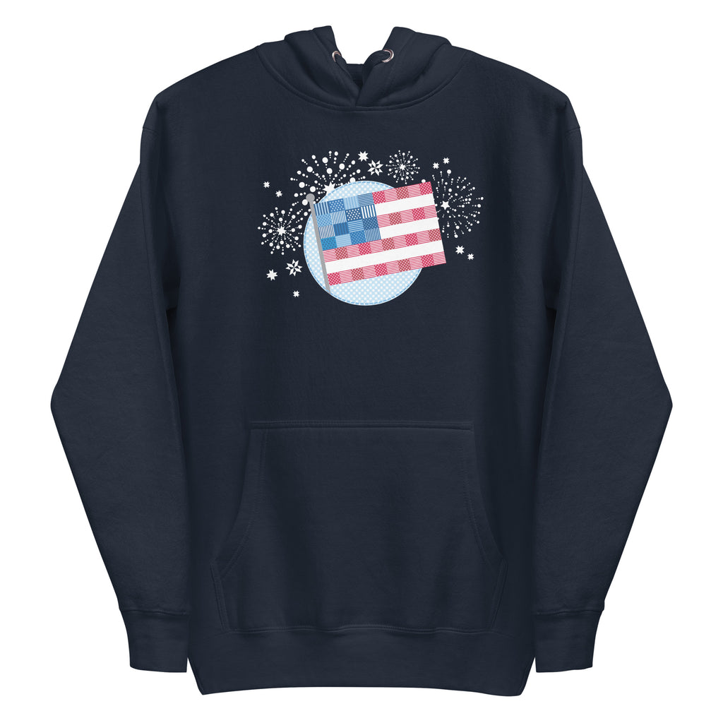 patchwork American flag in quilt fabrics on a pullover hoodie in navy, front view – Kate Spain design for Pat Sloan